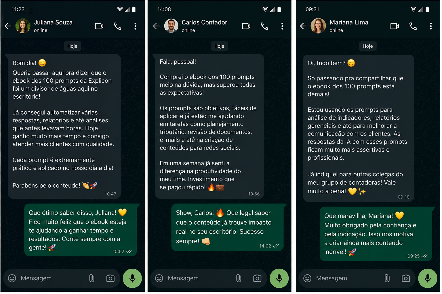 Depoimentos WhatsApp — Juliana Souza, Carlos Contador e Mariana Lima