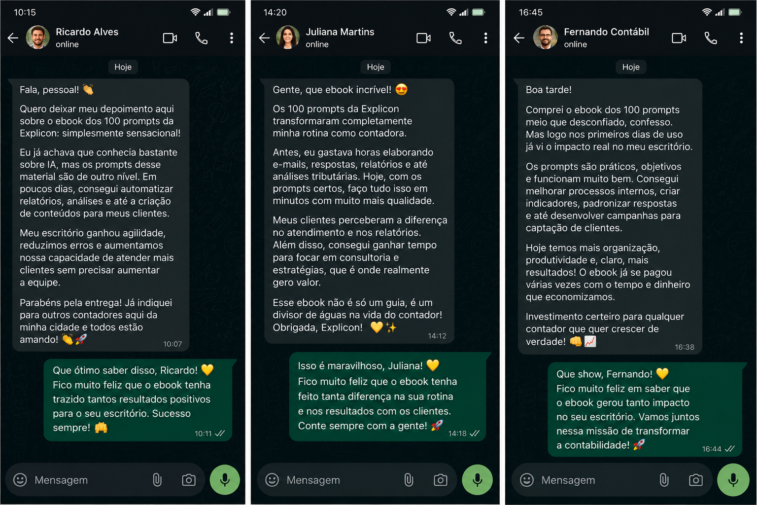 Depoimentos WhatsApp — Ricardo Alves, Juliana Martins e Fernando Contábil